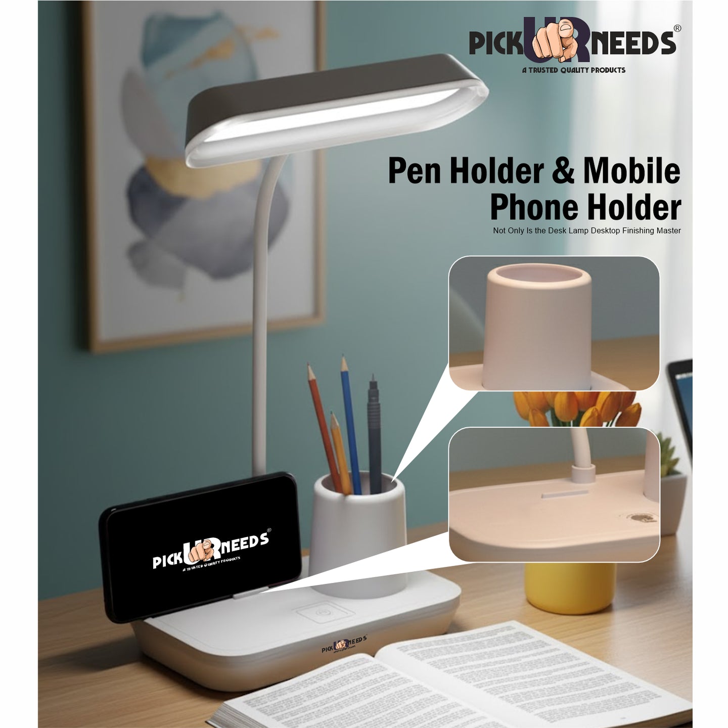 Pick Ur Needs LED Rechargeable Table Study Desk Lamp Reading Light with 3 Mode Dimming with Pen Holder, Phone Stand & USB Power